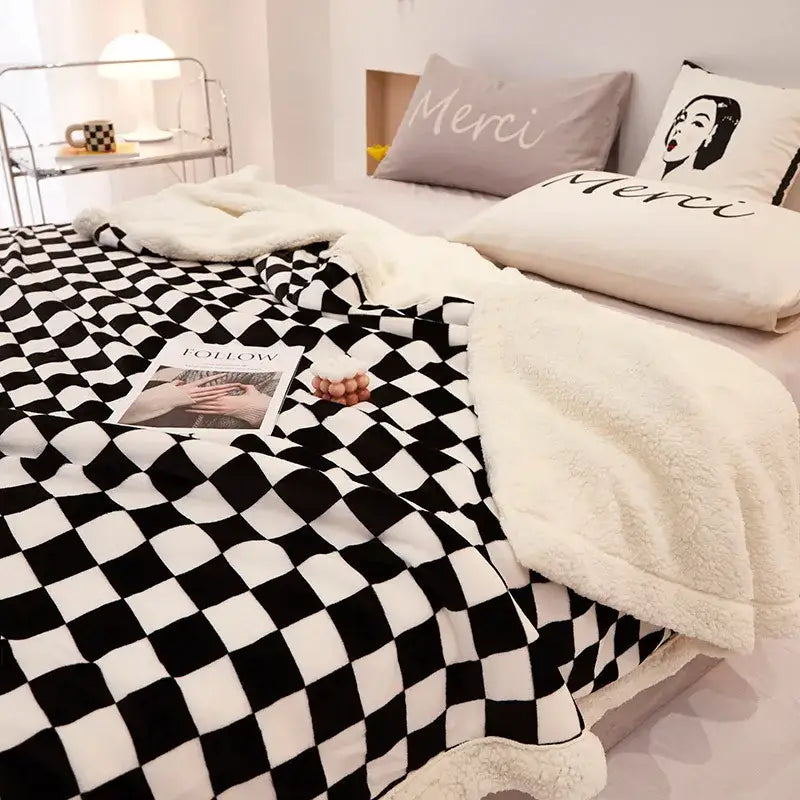 GobekUsa Double Layer Lamb Wool Checkered Blanket - Nordic Style Warm Bedspread, photo 7 of 11