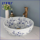 GobekUsa Blue & White Porcelain Basin Set with Bamboo Faucet and Pop Drain.