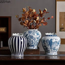 GobekUsa Blue & White Porcelain Vase Desk Decor with Artificial Flowers