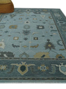 Turkish Oushak Hand Knotted Wool Area Rug Bluish Gray and Aqua