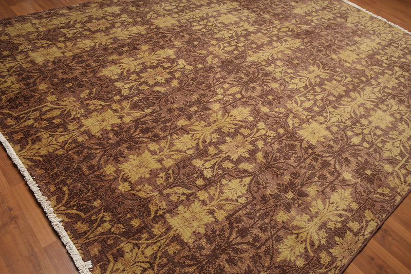 9' x 12' Hand Knotted Erased Pattern Botanical Wool Pile Area Rug Brown