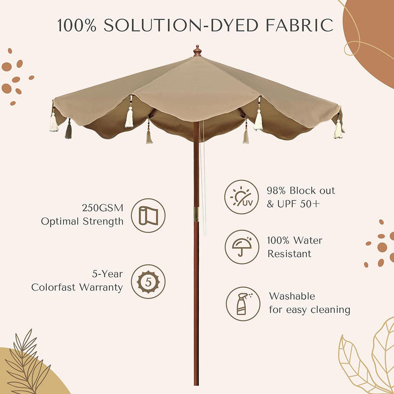 LAGarden Boho Fringe Umbrella Wood Market Umbrella