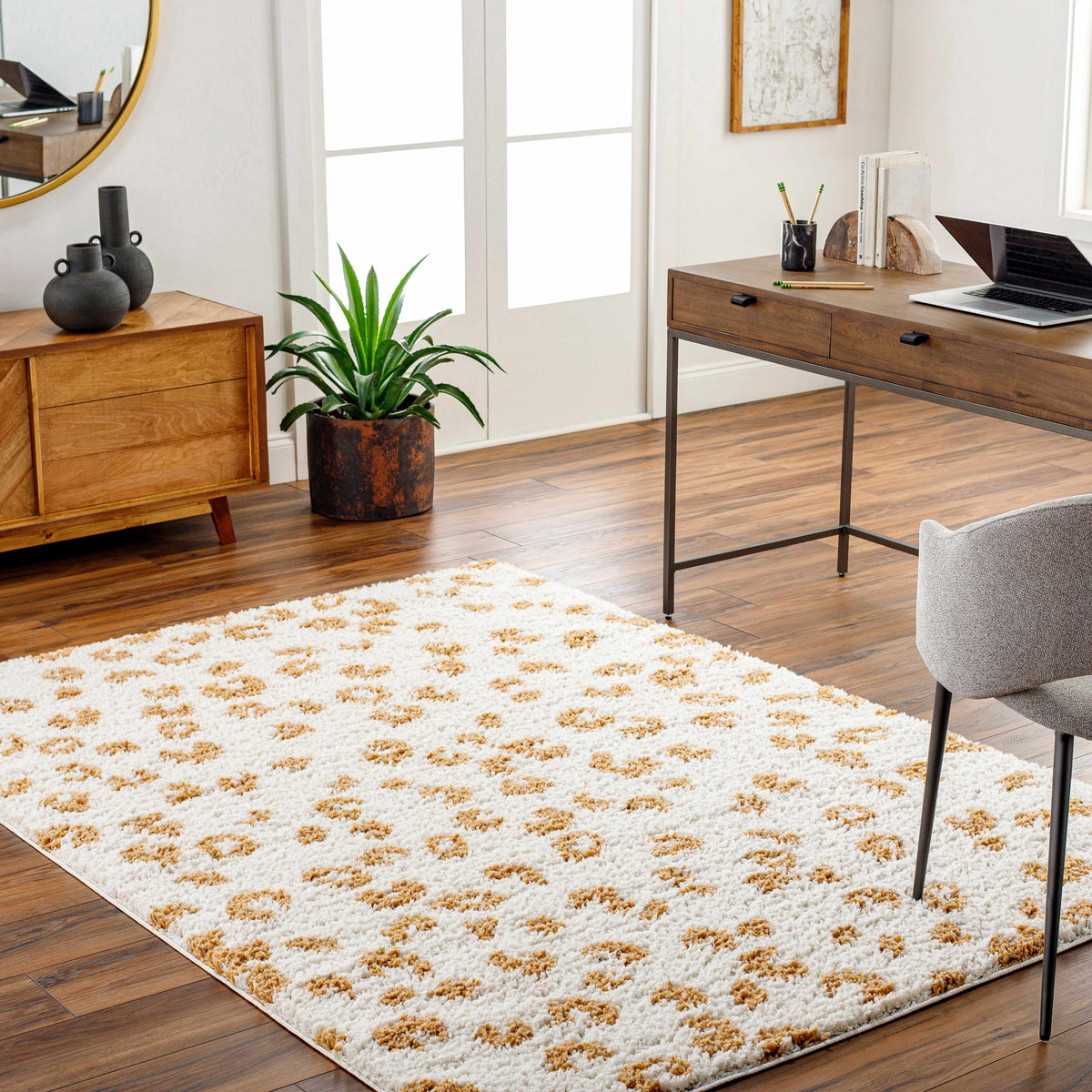 Altin Leopard Print White Area Rug, installed in a room