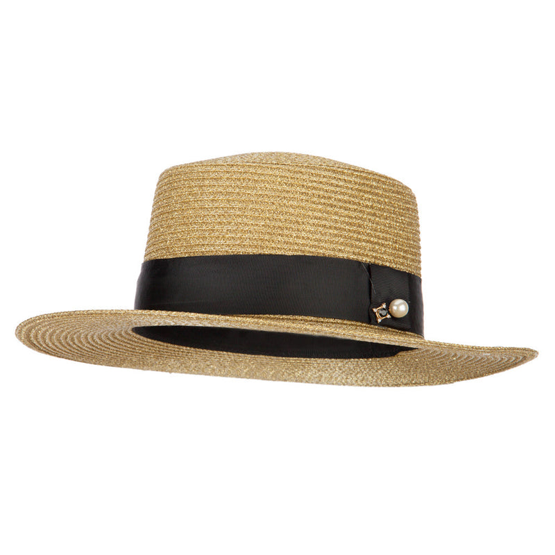 Lurex Straw Boat Hat with Rhinestone Pearl Accented Band