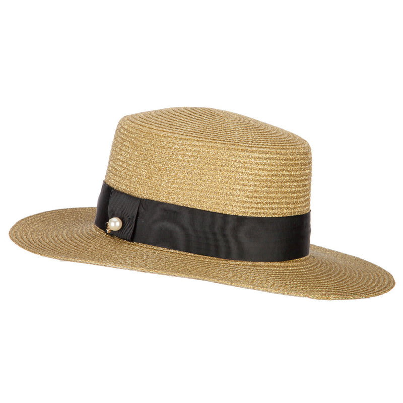 Lurex Straw Boat Hat with Rhinestone Pearl Accented Band