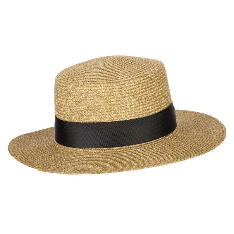 Lurex Straw Boat Hat with Rhinestone Pearl Accented Band
