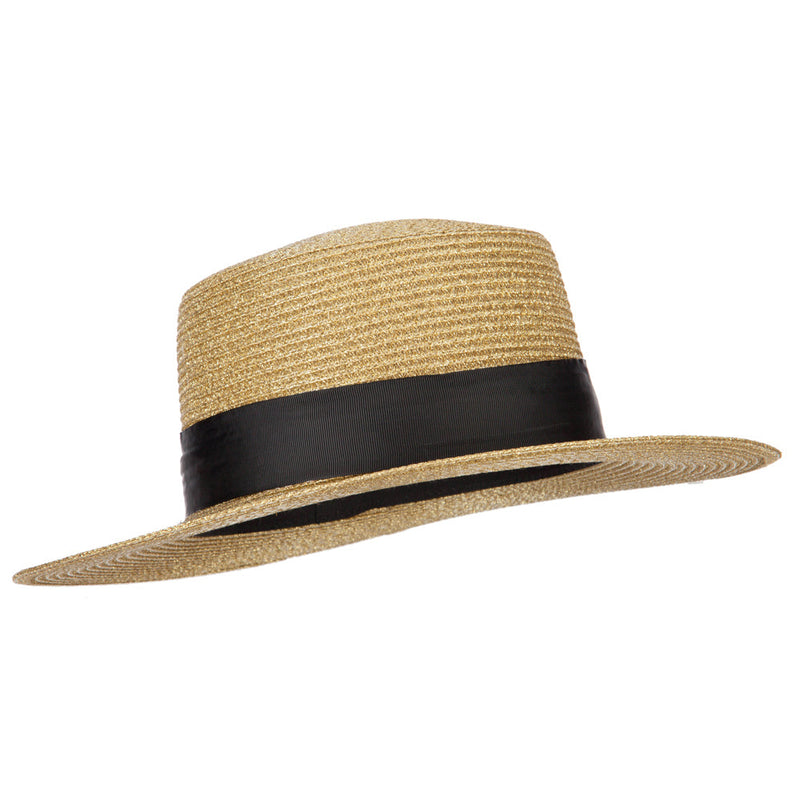Lurex Straw Boat Hat with Rhinestone Pearl Accented Band