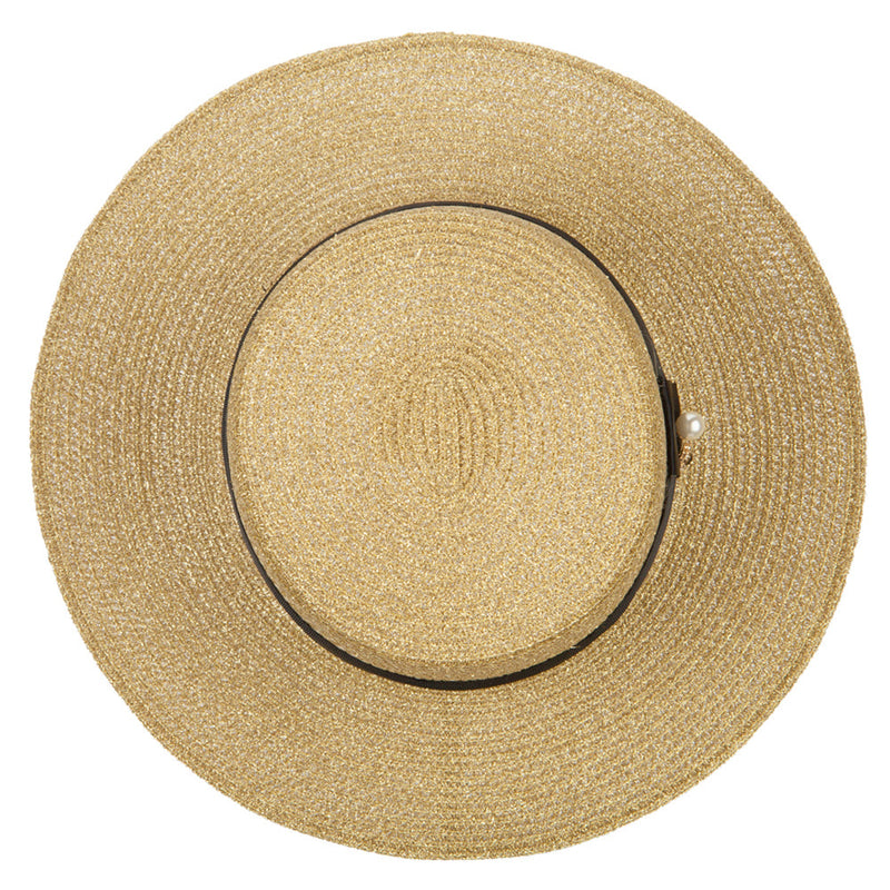 Lurex Straw Boat Hat with Rhinestone Pearl Accented Band