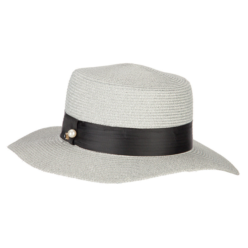 Lurex Straw Boat Hat with Rhinestone Pearl Accented Band