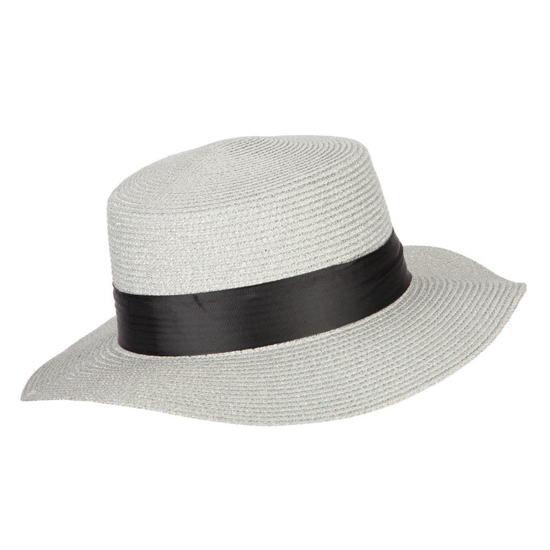 Lurex Straw Boat Hat with Rhinestone Pearl Accented Band