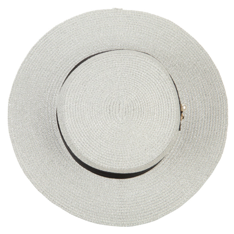 Lurex Straw Boat Hat with Rhinestone Pearl Accented Band