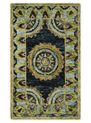 Hand Tufted Blue, Rust and Moss Gold Colorful Wool Area Rug