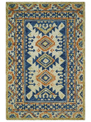 Ready To Ship Bohemian Southwestern Hand Tufted Blue, Gold and Beige Wool Rug
