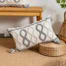 Bohemian geometric tufted cushion cover cream & grey living room by Decorbites