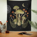 Boho black and green botanical mushroom moon tapestry living room decor by Decorbites