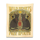Boho cream and black cat hearts tapestry wall hanging bedroom decor by Decorbites
