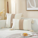 Boho cream & black woven cushion cover living room tasseled pillow by Decorbites