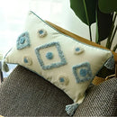 Boho cream & blue diamond cushion cover living room tassels by Decorbites