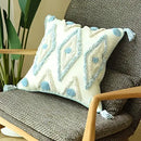 Boho cream & blue diamond cushion cover living room tassels by Decorbites