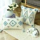 Boho cream & blue diamond cushion cover living room tassels by Decorbites