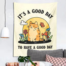 Boho cream cat tapestry with flowers and mushrooms for living room by Decorbites