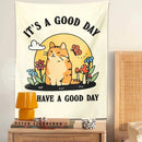 Boho cream cat tapestry with flowers and mushrooms for living room by Decorbites