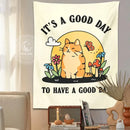 Boho cream cat tapestry with flowers and mushrooms for living room by Decorbites