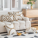 Boho cream & tan geometric tufted fringe cushion cover living room by Decorbites