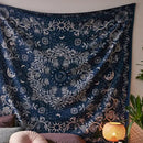 Boho navy blue celestial floral moon phase tapestry bedroom wall art by Decorbites