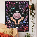 Boho pink botanical moon tapestry bedroom floral wall art by Decorbites