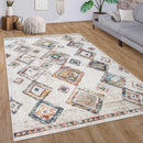 Boho Rug Cream Colorful Ethnic Diamond Pattern Ripped Design