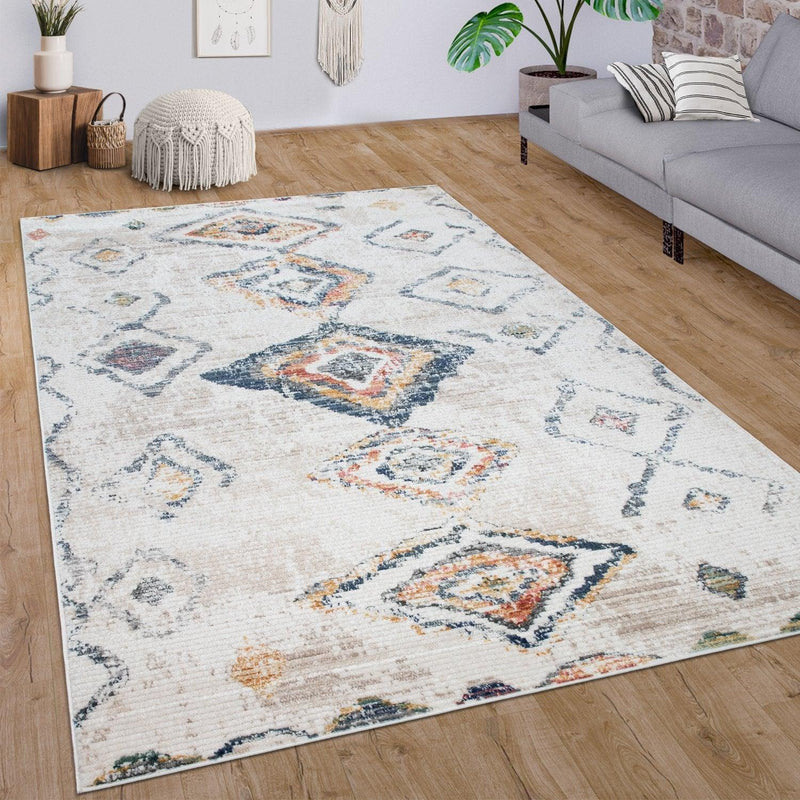 Boho Rug Cream Ethnic Diamond Pattern Unique Design Ripped