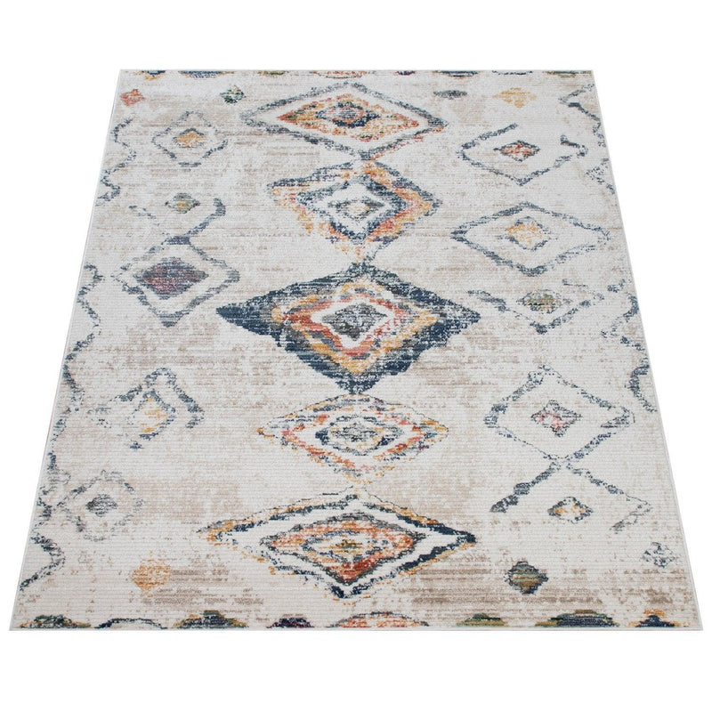 Boho Rug Cream Ethnic Diamond Pattern Unique Design Ripped