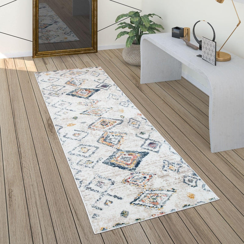 Boho Rug Cream Ethnic Diamond Pattern Unique Design Ripped