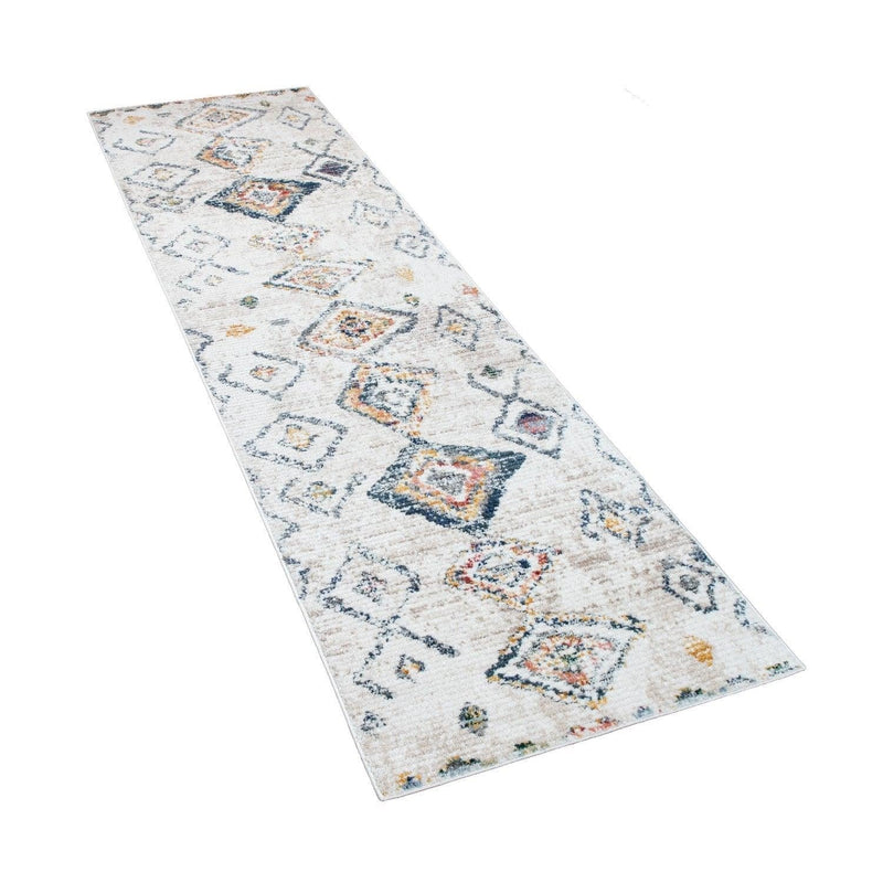 Boho Rug Cream Ethnic Diamond Pattern Unique Design Ripped