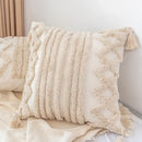 Boho square pillowcase with white zigzag and teal tassels living room by Decorbites