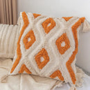 Boho square pillowcase with white zigzag and teal tassels living room by Decorbites