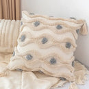Boho square pillowcase with white zigzag and teal tassels living room by Decorbites