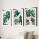 Pink Botanical 3 Piece Wall Art. Green Monstera Leaves Print by Wall Art Set