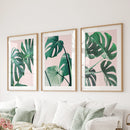 Pink Botanical 3 Piece Wall Art. Green Monstera Leaves Print by Wall Art Set