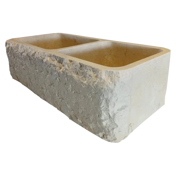 Botticino Beige Marble Farmhouse Apron Double Sink - 32x16x10, angled view