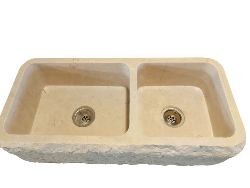 Botticino Beige Marble Farmhouse Apron Kitchen Double Sink (W)16" (L)32" (H)10"