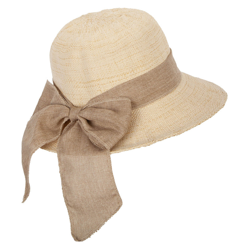 Women's Paper Braid Cotton Wide Ribbon Tie Accented Bucket Hat
