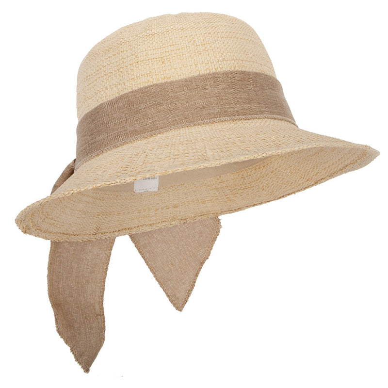 Women's Paper Braid Cotton Wide Ribbon Tie Accented Bucket Hat