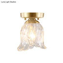 GobekUsa Brass 1-Light Semi Flush Mount with Clear Ripple/Fluted Glass Cone/Flower Design for Living Room Ceiling