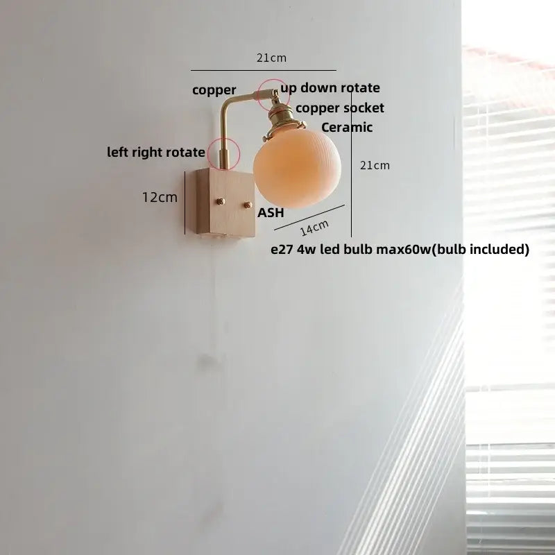 GobekUsa Ceramic LED Wall Light Fixture White Copper Walnut Ash Bedside Lamp, photo 11 of 21