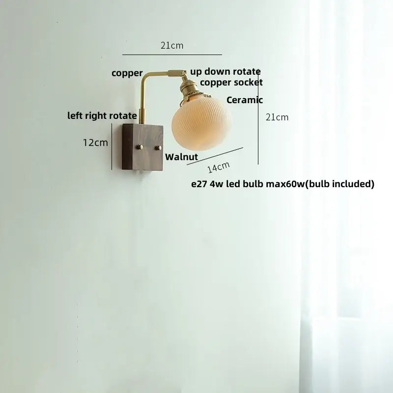 GobekUsa Ceramic LED Wall Light Fixture White Copper Walnut Ash Bedside Lamp, photo 6 of 21