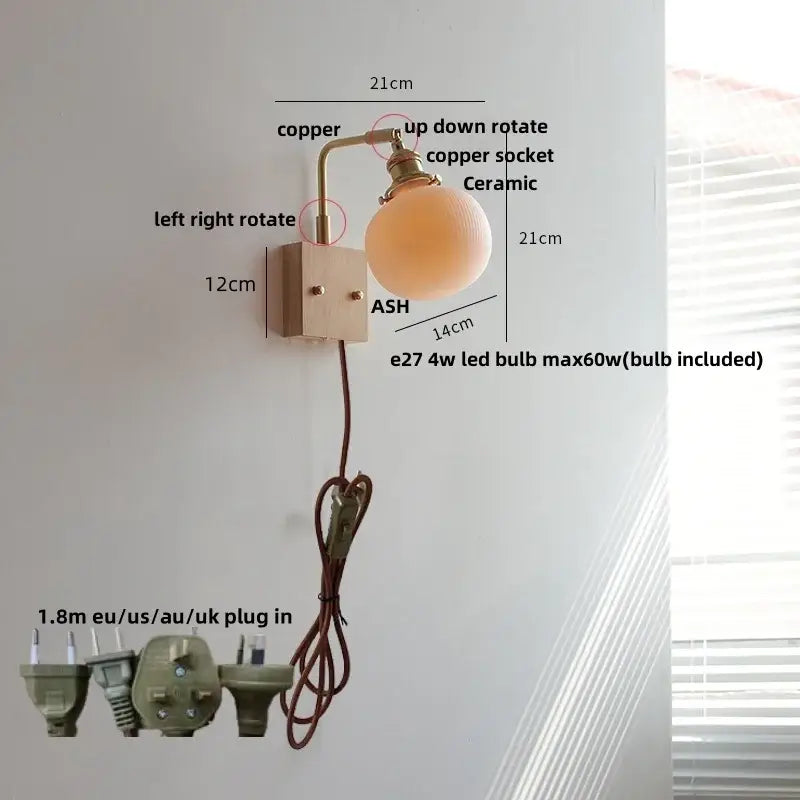 GobekUsa Ceramic LED Wall Light Fixture White Copper Walnut Ash Bedside Lamp, photo 9 of 21