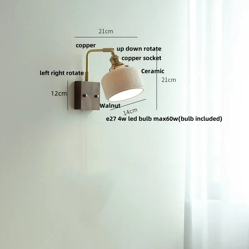 GobekUsa Ceramic LED Wall Light Fixture White Copper Walnut Ash Bedside Lamp, photo 7 of 21
