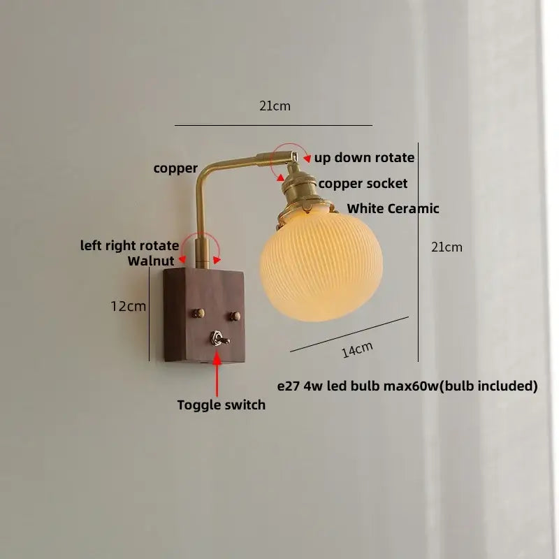 GobekUsa Ceramic LED Wall Light Fixture White Copper Walnut Ash Bedside Lamp, photo 5 of 21